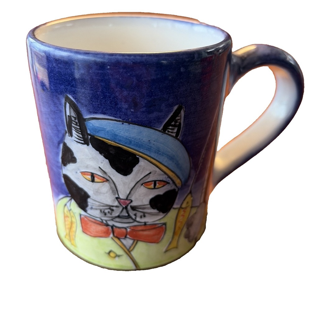 Art Mug Fishing Cat in Beret- Catzilla Style Painted Unbranded Coffee Cup Color